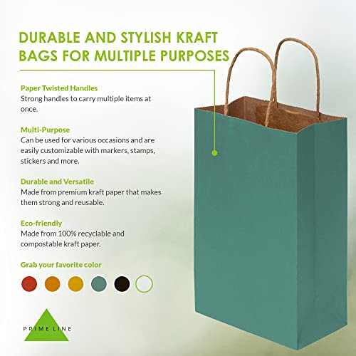 Prime Line Packaging Green Paper Bags, 6x3x9 Inch, Mini Kraft Bags,100 Pack