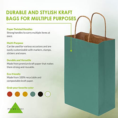 Prime Line Packaging Green Paper Bags, 6x3x9 Inch, Mini Kraft Bags,100 Pack