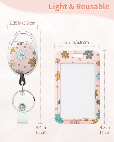 Uniclife 2 Pack Floral Sliding Badge Holder Vertical Flower Plastic Card Case Protector with Retractable Badge Reel Carabiner for Office School ID Credit Proximity Key Women Nurse Teacher Student - color: Pink & Beige Base Daisy