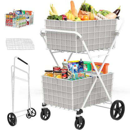 JIALIJIU 2-Tier Shopping Cart for Groceries with 360° Rolling Wheels - size: Jumbo-White 2 Tier