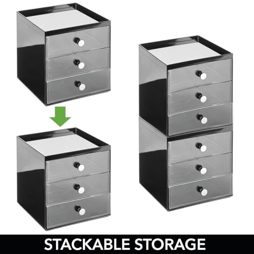 mDesign Makeup Organizer Storage Station Cube with 3 Drawers for Bathroom Vanity, Cabinet, Countertops - Holds Lip Gloss, Eyeshadow Palettes, Brushes, Blush, Mascara - Black/Clear - color: Black/Clear