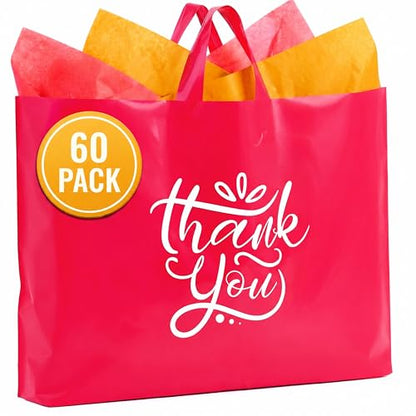 19x15 Large Thank You Bags with Handles for Small Business, 60 pack - color: Pink