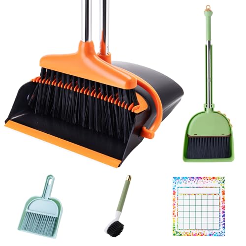 Broom with Dustpan Combo Set for Parent-Child, 5-in-1 Educational Cleaning Tools for Mom and Kids Family Interactive Cleaning Time, 54" Long Handle & Small Fun Broom & Dustpan, Best Household Gift