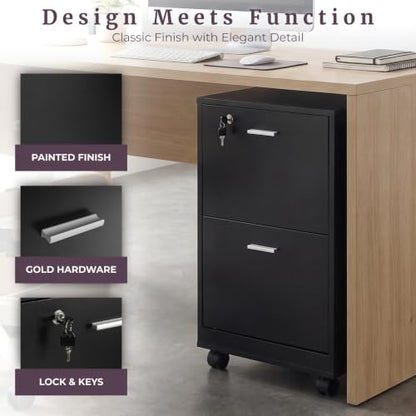 Lavish Home 2-Drawer Wooden File Cabinet with Lock, Black, 16” x 27” - color: Black, style: Silver Hardware