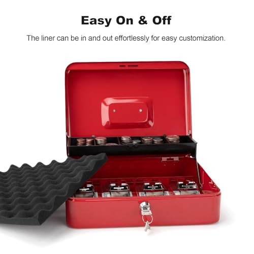 Cash Box with Key Lock & Foam Auto-Pop Coin Tray – Secure Steel Money Box with 4 Upgraded Finger-Safe Bill Clips, Premium Smooth Scratch-Resistant Coating, 11.8"L x 9.5"W x 3.5"H, KL Red - color: KL Red