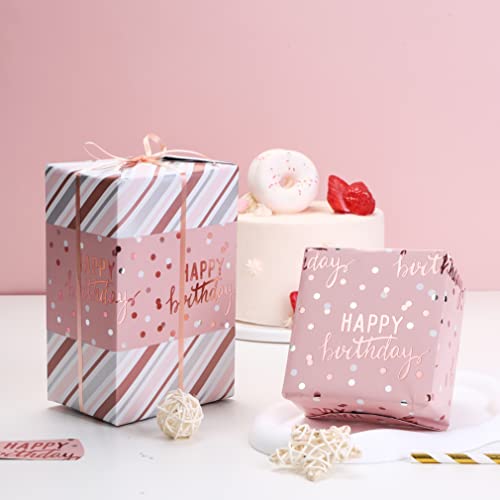 LeZakaa Reversible Pink Birthday Wrapping Paper Roll for Girls Women, Happy Birthday Lettering & Stripe Pattern with Metallic Foil in Pink, Mini Roll, 17 inches x 32.8 Feet (46.45 sq.ft.) - color: Birthday - Metallic Pink, size: 17" X 32.8 ft