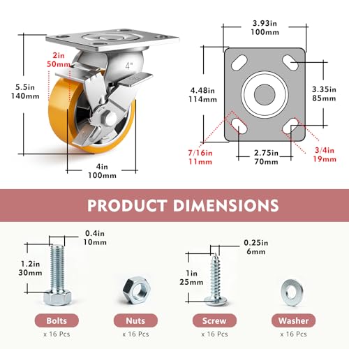 4 Inch Heavy Duty Casters Set of 4, Industrial Locking Casters 4000lbs Load Capacity, Plate Swivel Castor Wheels for Heavy Duty Carts, Workbench, Equipment, Platform Truck (Orange) - style: 4″ With brake