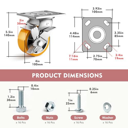 4 Inch Heavy Duty Casters Set of 4, Industrial Locking Casters 4000lbs Load Capacity, Plate Swivel Castor Wheels for Heavy Duty Carts, Workbench, Equipment, Platform Truck (Orange) - style: 4″ With brake