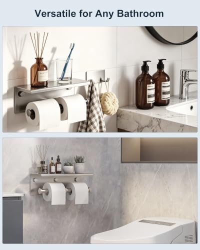 Double Toilet Paper Holder with Shelf Brushed Nickel Tissue Roll Holder - color: Brushed Nickel
