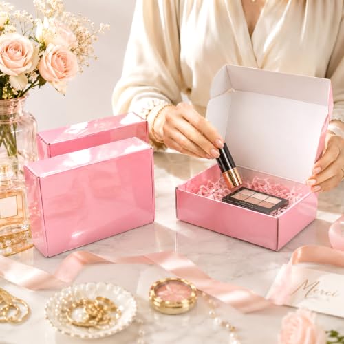 50 Pack Pink Shipping Boxes, 7x5x2" Cardboard Mailing Boxes for Shipping Small Business, Bulk Packaging Boxes - color: Glossy Pink, size: 7x5x2 50 Pack