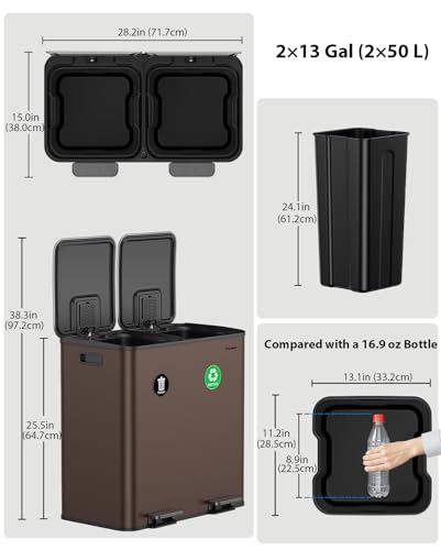 Dual Trash and Recycling Bins for Kitchen, 2×13 Gallon (2× 50L) Stainless Steel Trash and Recycle Bin Combo with Soft-Close Lid, Large Garbage Cans for Kitchen Home with 2 Magnets Sticker, Brown - color: Brown