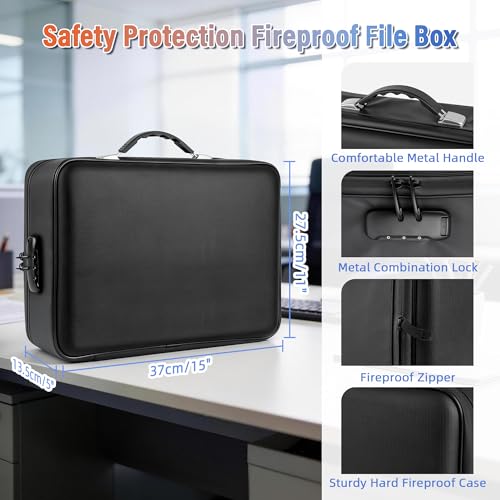 Fireproof Document Safe Box Hard-shell, with Lockable Zipper, 13 Pockets, Waterproof for Important Papers Binder, Fire/Water Resistant File Box for Travel, Home & Office, Organizer for Passport, Cards - size: L