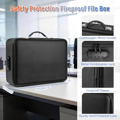 Fireproof Document Safe Box Hard-shell, with Lockable Zipper, 13 Pockets, Waterproof for Important Papers Binder, Fire/Water Resistant File Box for Travel, Home & Office, Organizer for Passport, Cards - size: L