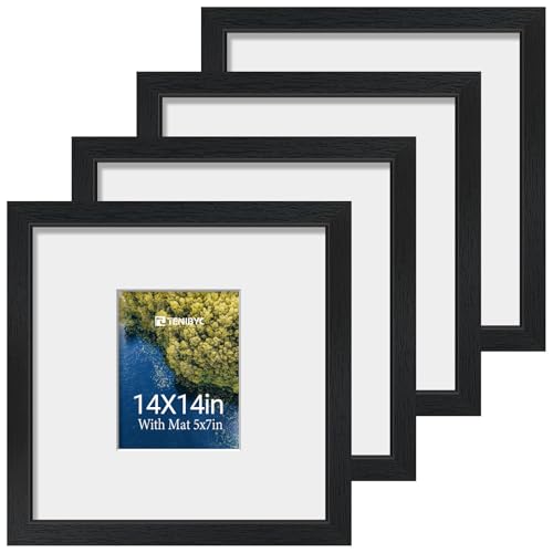 14x14 Picture Frame 4 Pack, 5x7 Mat, Black Wood, Glass, for Picture - color: Black, size: 14 X 14