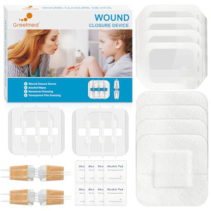 Greetmed Emergency Wound Closure Strips - 16 Pack Laceration Closure Kit with 2 Types Zip Stitch Butterfly Bandage Sutures Kit - Painless, Stitchless Wound Repair for First Aid, Hiking, Camping & Home