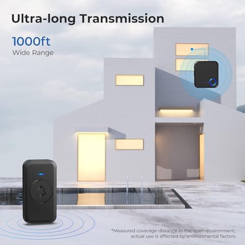 Wireless Doorbell 1000ft Range, Loud Waterproof Door Bell with 60 Melodies - color: Black-‎1 receiver +1 push button