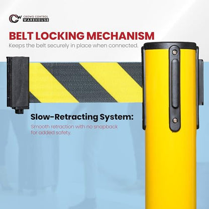 Crowd Control Warehouse 2-Pack Retractable Belt Stanchion Barriers, 11 Ft - color: Black/Yellow Belt, Yellow Post