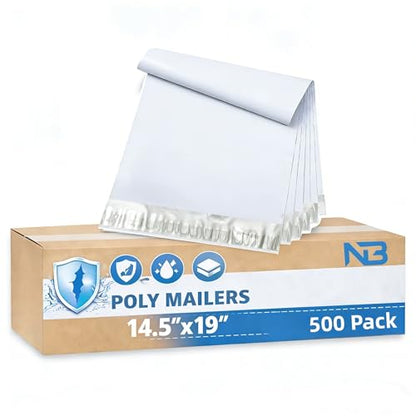 NB 14.5x19 Inch – 500 Pcs White Poly Mailers Strong Adhesive Self-Seal Shipping Envelopes, Tear & Water Resistant Packaging for E-Commerce and Small Business - color: White, size: 14.5"x19" 500pcs