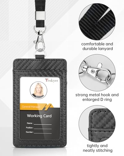 Teskyer Leather ID Badge Holder with Lanyard, Vertical Carbon Fiber Black - color: Carbon Fiber Black, size: Vertical
