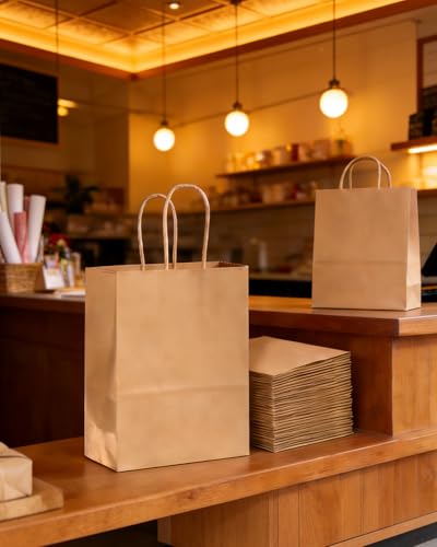qiqee 100-Pcs Medium Size Paper Gift Bags with Handles Bulk 7.6"x4.75"x10.5" Brown Gift Bags Multiple Uses - size: Medium - 100 Packs