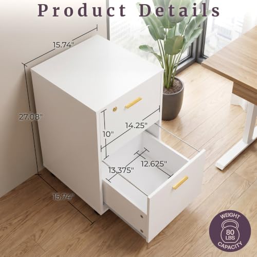 Lavish Home 2-Drawer Wooden File Cabinet with Lock, White, 16” x 27” - color: White, style: Gold Hardware