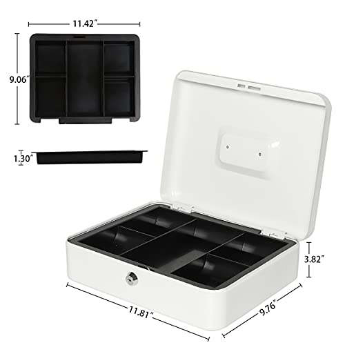 Cash Box with Money Tray and Key Lock, Parrency Large Money Box, 11 4/5" x 9 2/5" x 3 1/2", (XLarge with Key Lock White, XLarge) - color: White, size: XLarge（11.8")