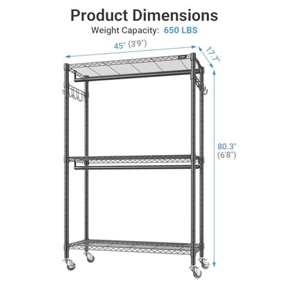 VIPEK R2 Plus Clothes Rack Heavy Duty Rolling Closet for Hanging Clothes - color: Black, size: R2 Plus
