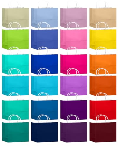 qiqee 100Pcs Paper Gift Bags with Handles - 12.6"x4.3"x10" Wide Large Party Favor Bags - 24 Solid Colors - size: Wide Large - 1 count (Pack of 100)