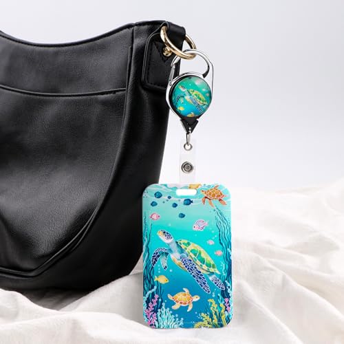 Cute Ocean Lanyard Badge Holder for Girls Kids Glitter Turquoise Turtle Retractable ID Badge Reel Clip for Cruise Card Lanyard Preppy School Nature Teacher - color: Sea Turtle