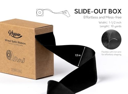 Keypan Black Satin Ribbon Double-Faced Wired 1-1/2 Inch x 10 Yards - color: Black, size: 1-1/2"