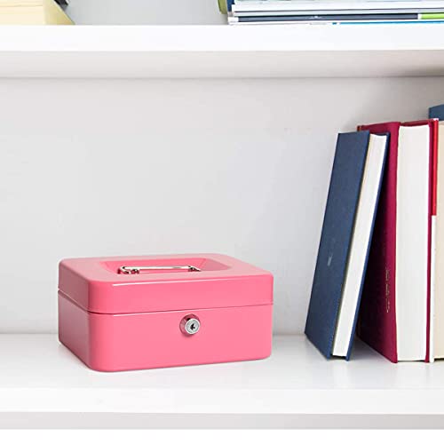 Cash Box with Money Tray, Parrency Large Money Box with Key Lock，Medium，7 4/5" x 6 4/5" x 3 3/5"，Pink - color: Pink, size: Medium（7.87")