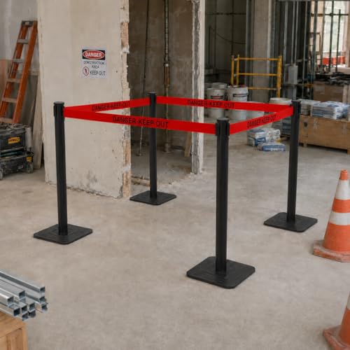 4-Pack Black Crowd Control Stanchions with 10FT Red Retractable "Danger Keep Out Belt", Heavy Duty Safety Barrier Posts for Construction, Warehouses & Events - color: Danger Keep Out Belt, size: Rectangular Base