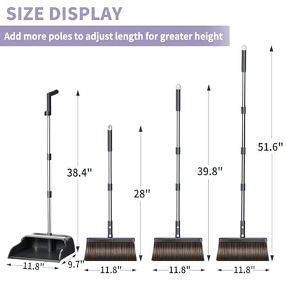 Broom and Dustpan Set, 51.6" Long Handle Broom with Dustpan Combo Set with Dustpan Teeth & Two Broom Heads, Brooms with Dust Pan for Sweeping Indoor Home Kitchen Office Lobby Pet Hair