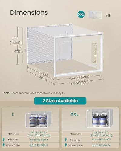 SONGMICS Shoe Boxes, Clear Plastic Sneaker Box, Pack of 18 - color: Transparent + White, size: XXL-18pcs