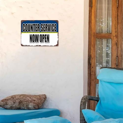 Funny Metal Sign Counter Service Now Open Aluminum Wall Decor 8x12 Inch for Living Room Bedroom Office Bar Café Restaurant and Garage
