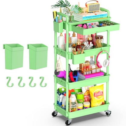 Goovilla 4 Tier Rolling Utility Cart Organizer with Removable Drawer, Green - size: 4 Tier, style: Green
