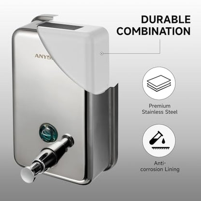 anydry Commercial Soap Dispenser Wall Mount, Polished Stianless Steel Finish Manual Liquid Soap Dispenser - 37oz (1100ml) Model AD1003
