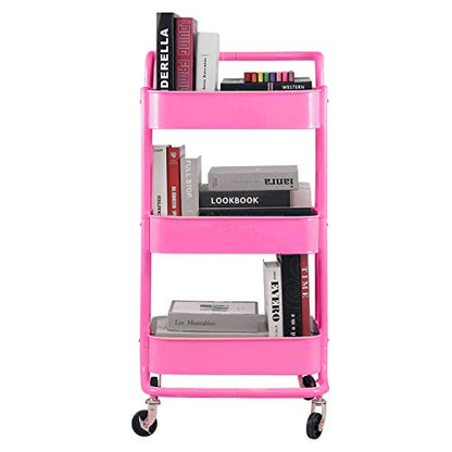 3-Tier Metal Mesh Rolling Cart Storage Organizer with Utility Handle and Wheels, Pink - color: A- Pink