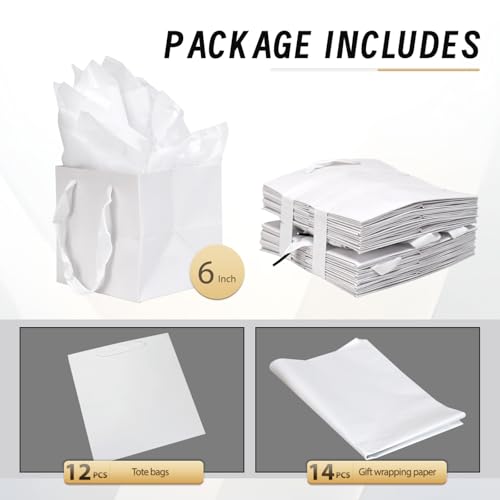 Papertide 12 Pack 6x6x6 inch White Square Gift Bags with Tissue Ppaper - color: White