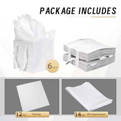 Papertide 12 Pack 6x6x6 inch White Square Gift Bags with Tissue Ppaper - color: White
