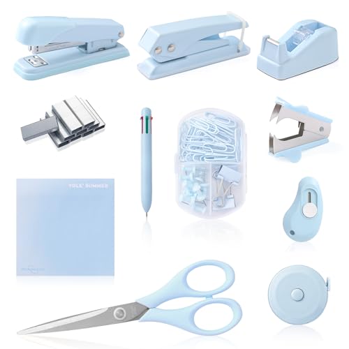 Blue Desk Accessory Kit Cute Office Supplies Set Desktop Stapler Set Includes Staple Remover Hole Punch Tape Dispenser Ballpoint Pen Scissor Mini Box Cutter Tape Measure Paper Clips Sticky Notes - color: Blue