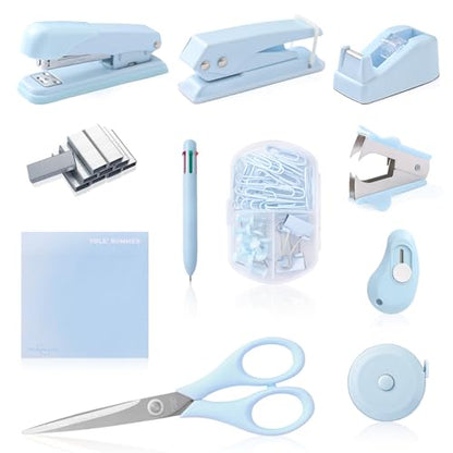 Blue Desk Accessory Kit Cute Office Supplies Set Desktop Stapler Set Includes Staple Remover Hole Punch Tape Dispenser Ballpoint Pen Scissor Mini Box Cutter Tape Measure Paper Clips Sticky Notes - color: Blue
