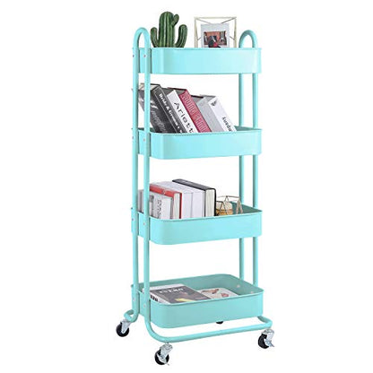 Melody House 4-Tier Metal Mesh Utility Rolling Cart Storage Organizer Shelf Rack with Lockable Wheels for Living Room Kitchen Office, Turquoise - color: B-turquoise