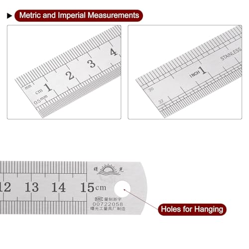 HARFINGTON 2Pcs 2 in 1 Stainless Steel Ruler with Scriber Block 15cm/6" Metric and Inch Metal Ruler with 20mm Length Brass Locating Block Slider for Woodworking DIY Measuring, Silver