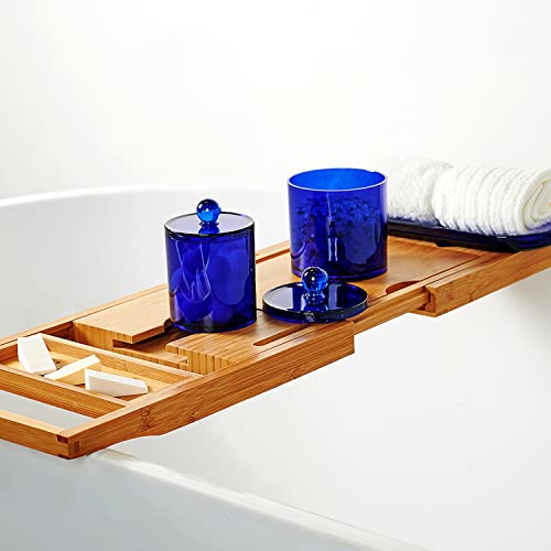 SheeChung 3 PCS Qtip Holder Bathroom Set with Tray, Acrylic Apothecary Jars - color: Blue