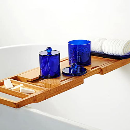 SheeChung 3 PCS Qtip Holder Bathroom Set with Tray, Acrylic Apothecary Jars - color: Blue