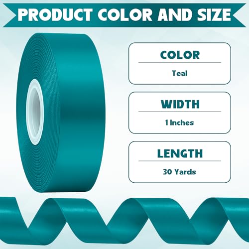 1In 30Yards Teal Satin Ribbon for Gift Wrapping Wedding Christmas Party - color: Teal, size: 1 inch