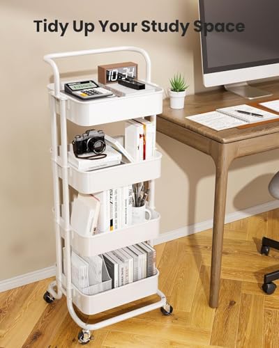 Pipishell Metal 4 Tier Rolling Cart with Handle & 2 Lockable Wheels, White - color: White, size: 4-Tier