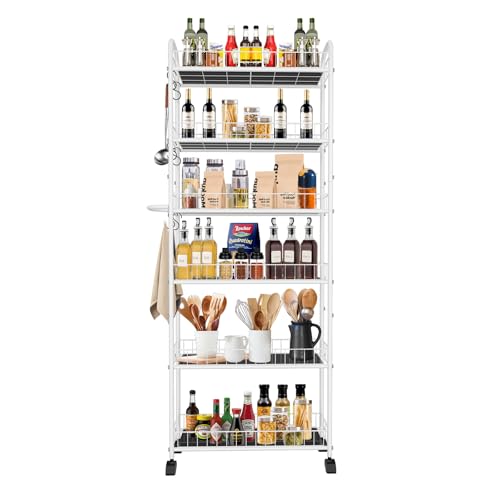6in 6 Tier Slim Storage Cart with Wheels,Narrow Space Rolling Shelving Unit with Handle, Metal Wire Mobile Organizer Rack for Kitchen Bathroom Office Laundry - size: 6in White with Handle