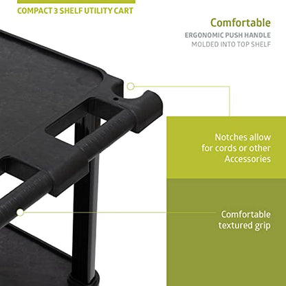 Pearington 3-Tier Compact Multi-Purpose Plastic Utility Cart with Lockable Wheels up to 300LBS, Black - size: 3 Shelves